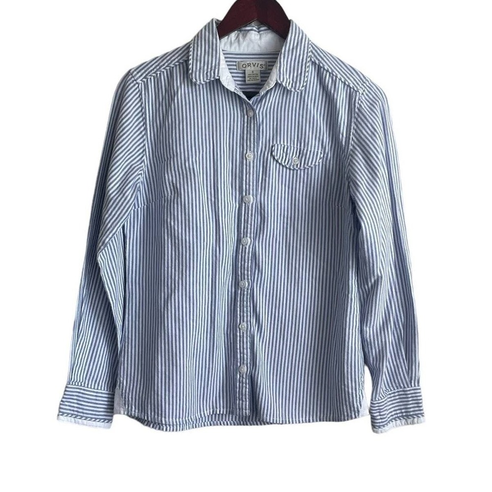 Orvis Women Button Front Top 6 Blue White Stripe Cotton Nautical Coastal Classic